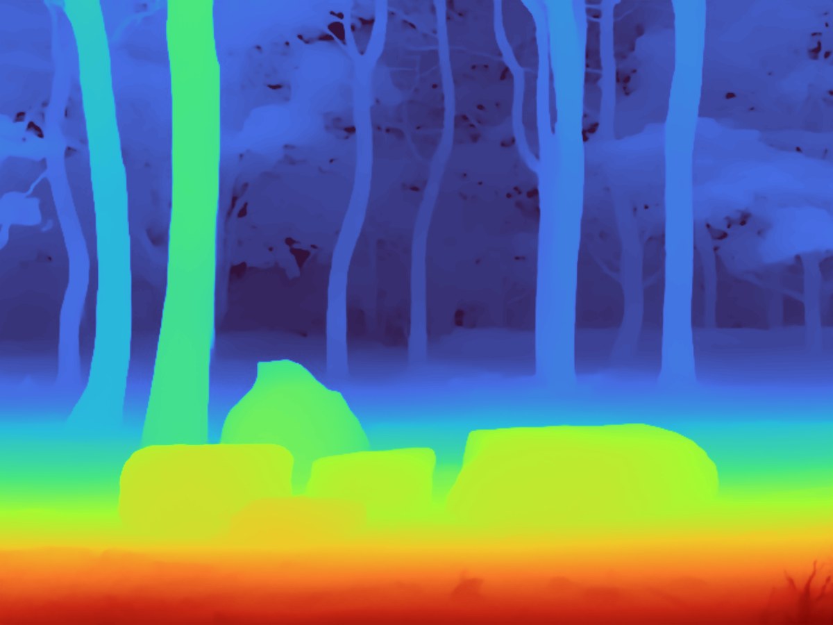 Depth map of a park with a pine grove and boulders